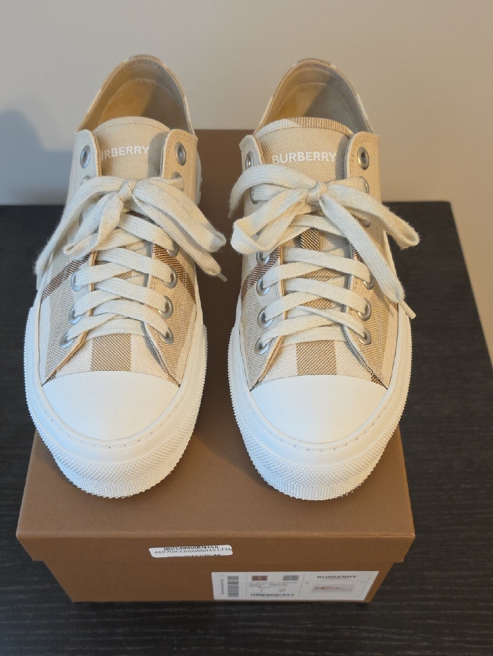 Burberry Beige Canvas Check Low-Top Sneakers with White Accents